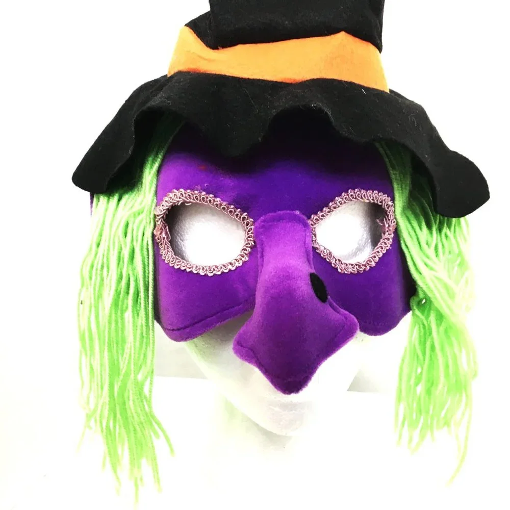 Purple Witch face blk orange hat on head band NWT NOS